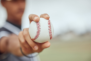 Image showing Baseball, hands and sports man with ball for exercise game, competition training or practice match. Softball motivation, winner mindset and field baseball player or athlete focus on fitness workout