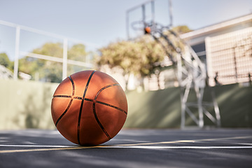 Image showing Basketball court, ball and sports match or competition game for fitness, exercise and training in New York. Ball sports, floor and urban community playground for wellness and outdoor sport fun