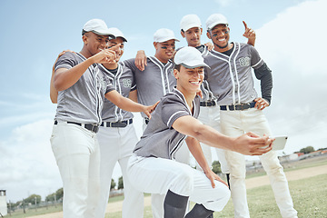 Image showing Selfie, team and baseball, happy and sports men, baseball player together with smartphone and fitness for game on grass pitch. Motivation, athlete and technology, sport club on baseball field.