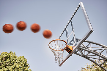 Image showing Basketball, point and ball in basket for winning score on basketball court in park with summer sky. Game, sports goals and training practice with motion, action and motivation for winner shot in hoop