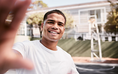 Image showing Sports, basketball player, and selfie on court with smile and pride for university scholarship for basketball. Fitness, health and a young black man with smile on basketball court taking photograph.