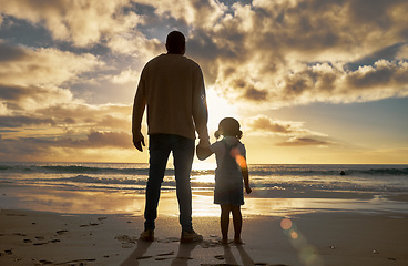 Image showing Silhouette, love and beach with father and girl on Cancun holiday for travel, summer and wellness. Family, sunset and freedom with dad and girl walking on Mexico vacation for trust, support and relax