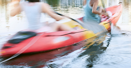 Image showing Kayak, lake or river and fitness, women and kayaking, exercise motivation and adventure, together with paddle and motion. Young, friends and boat, water sports for fun and healthy active lifestyle.