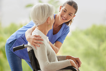 Image showing Disability healthcare, nurse and senior patient with support from medical worker in a wheelchair. Disabled elderly woman consulting with a happy doctor or caregiver for medical help in a nursing home