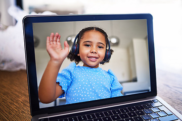 Image showing Video call, laptop and communication with girl with headphone online. Happy child, wave and smile on screen of video conference or webinar in Brazil with tech, internet and remote elearning for kids