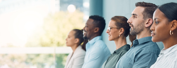 Image showing Recruitment, interview and people in queue for work at finance, insurance or investment business. Group, man and woman waiting in lobby of company for hr, hiring and manager for onboarding at job