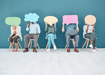 Image showing Social media, mobile chat and web contact speech bubble and mockup of office workers. Blank signs of internet advertising staff announce a sale, text campaign marketing with mock up signs