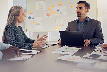 Image showing Strategy, discussion and business people meeting in office talking, brainstorming and ideas for marketing. Teamwork, businessman and woman in workplace working with laptop, sticky notes and graphs