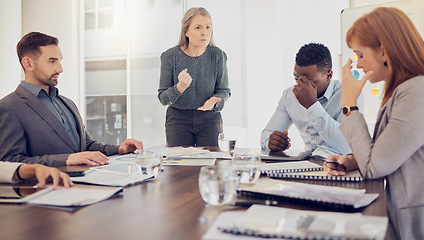 Image showing People meeting in office, conflict problem by angry manager or employee performance review in New York. Deadline stress in business, warning group of mistake risk or company policy crisis discussion