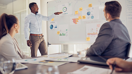 Image showing Businessman, leader or ceo with presentation on a whiteboard for marketing team during a meeting in an office boardroom. Black man or manager with research graphs and advertising data while planning