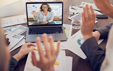 Image showing Video conference, marketing and employees wave in a meeting on a laptop with paper, report and documents. Corporate workers greeting, talking and happy in collaboration with data on a webinar