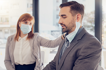 Image showing Sad, support and business people with covid, mask and comfort for stress, burnout or anxiety in office. Corporate man with depression, mistake and fail with help, assistance and advice from manager