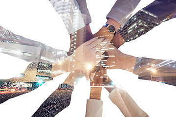 Image showing Corporate hands, business and support in double exposure of the city against white background. Hand of employee group in teamwork success for unity, trust and agreement for company goals with overlay