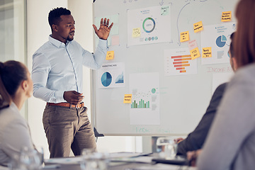 Image showing Presentation, whiteboard and businessman with finance strategy, erp marketing analysis and company kpi review. Accountant black man with chart, graph or financial statistics for corporate budget data