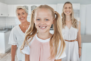 Image showing Child, mother and grandmother portrait while at home in kitchen with smile, love and support for generation of senior, woman and child. Portrait of German girl happy with family in house together