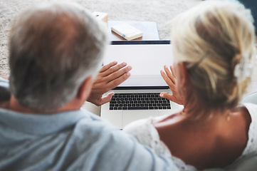 Image showing Laptop video call, wave or couple in retirement with love, waving or communication in house living room. Relax, senior man and woman with tech for networking, social media or virtual call in Turkey