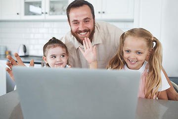 Image showing Laptop, video call and happy father with kids wave at digital device screen together in kitchen. Smiling children, talking and virtual cyber conversation communication during lockdown on digital pc