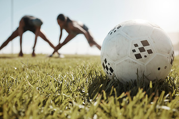 Image showing Soccer, team stretching legs or soccer ball on football field, stadium or grass for sports goals. Fitness, teamwork or football girl for motivation, wellness exercise or workout health training.