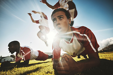 Image showing Sports, soccer player and team exercise in cross plank, jump and training at soccer field. Football, fitness and men on football field pushup, plank and jumping energy, passion and fit performance