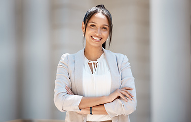 Image showing City business woman, portrait and smile for corporate success, motivation and vision in urban New York USA outdoors. Happy young female entrepreneur, employee and worker with vision of career goals