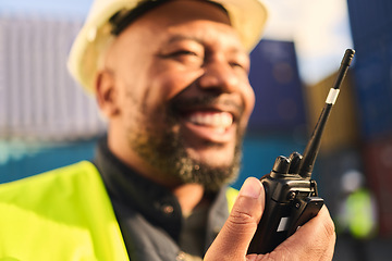 Image showing Delivery, shipping and construction worker talking on radio in shipyard. Black man with walkie talkie for communication in logistics, distribution and import and export business with cargo container