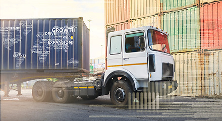 Image showing Logistics, construction truck with hologram and container shipping, moving or distribution for supply chain. Digital innovation, graphic text or transport with heavy duty vehicle for import or export