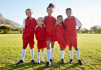 Image showing Sports, football and team portrait of children, friends group or athlete players happy before game. Teamwork, girls partnership and collaboration of youth kids on soccer field for training exercise