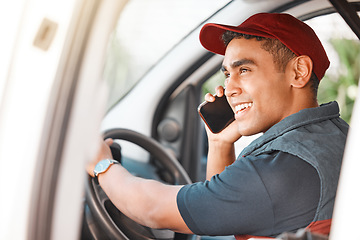 Image showing Phone call, delivery and courier talking on a mobile, working and driving for ecommerce business in a car. Young, happy and thinking logistics driver speaking about cargo on a smartphone in a van