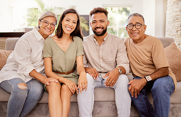Image showing Happy family, portrait and relax on sofa happy, smile and bond in living room together. Senior couple, retirement and visit by man and woman enjoying quality time on the weekend with mature parents