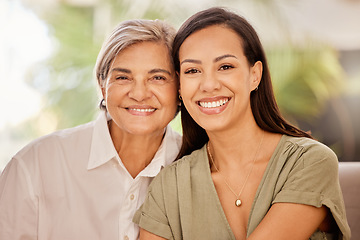 Image showing Happy, mother and grandmother portrait smile for family, bonding or mothers day relax at home. Mama and grandma smiling together in generation, relationship and relaxing in happiness at the house