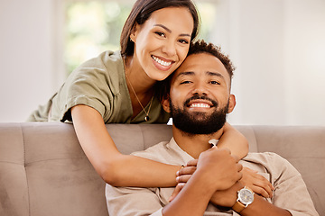 Image showing Relax, love and portrait of couple on sofa together for happy, marriage and affectionate hug. Smile, connection and care with man and woman in living room together for relationship, peace or wellness