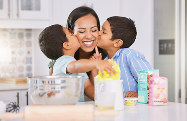 Image showing Happy, mother and children kissing cheek for love, baking and mothers day celebration in the kitchen at home. Mama smile with little boys in joyful happiness, care and sweet treatment for parent