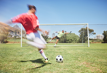 Image showing Football, goals and kick with man on field and training for sports, fitness and games competition. Soccer player, target or action with man and exercise on grass park for health, summer or workout