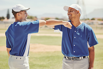 Image showing Sports, baseball and collaboration of team friends for game, competition or practice match for exercise, fitness or teamwork. Softball partnership, celebration or athlete men after training workout