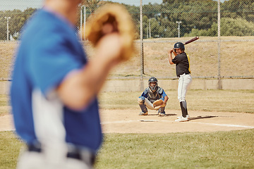 Image showing Sports, baseball and baseball player at baseball field for training with pitch, baseball batter and focus. Softball player, thinking and planning ball throw at a softball field during a field game