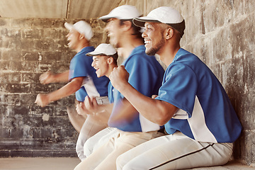 Image showing Sports celebration, baseball winner and team celebrate game victory, competition win or point from dugout. Winning motivation, partnership or softball player excited after fitness workout or teamwork