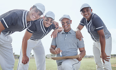 Image showing Baseball team, sports coaching and strategy, planning and collaboration for winner motivation on training pitch. Portrait baseball players, trainer and happy group brainstorming game ideas for goals