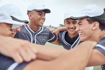 Image showing Support, strategy and sports with team of baseball for training, planning and motivation. Fitness, collaboration and teamwork with baseball player on field for goals, health and community huddle