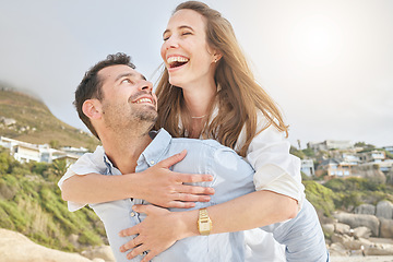 Image showing Beach couple, piggy back and love, happiness and care honeymoon, holiday and summer vacation together in South Africa. Happy man, smile woman and laughing people, romantic dates and relax sea freedom