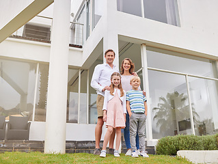 Image showing Mother, father and kids in real estate home for happy family portrait and wealthy lifestyle in the outdoors. Mama, dad and children together for insurance, mortgage and new house in accommodation
