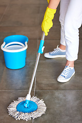 Image showing Woman, mop or bucket in floor cleaning at home or office building by cleaner service, maid or housekeeping worker. Person mopping, healthcare maintenance or water container in bacteria safety control