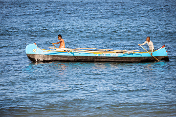 Image showing Fishermen using sailboats to fish off the coast of Anakao in Madagascar