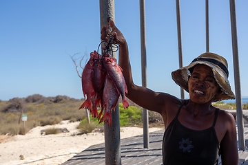 Image showing Island Nosy Ve, Madagascar. Woman holding up a bunch of red fish by their tails on a sandy beach with shrubs and a blue sky.