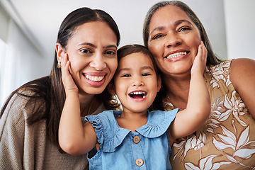 Image showing Mom, grandmother and girl in portrait with smile, love or happiness while together, home or bonding. Child, mother and grandma in house, holiday or vacation with happy, face and family in living room