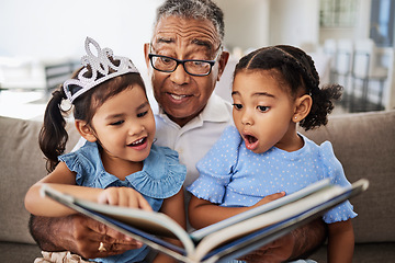 Image showing Book, reading and grandfather with wow, children and learning story, language development and education on living room sofa. Family, Senior man teaching kids to red for kindergarten holiday fun