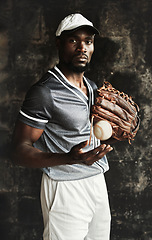 Image showing Black man, baseball player and motivation for fitness, training and exercise with ball, baseball glove and mitten. Portrait, sports athlete and softball player with health goals and wellness vision