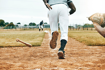 Image showing Baseball, sports game and man running in match competition for victory win, exercise or fitness training back view. Athlete motivation, pitch and fast runner doing energy workout on softball field