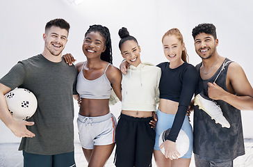 Image showing Sports, team and diversity football friends relax after game, competition or practice match for training workout. Fitness people, soccer player portrait and athlete group happy after health exercise