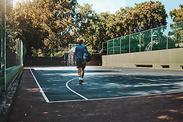 Image showing Man, basketball court or athlete in fitness, workout or training for Colombian game, match or competition. Basketball player, sports person or student in community, campus or school exercise practice