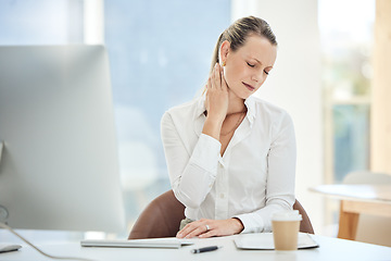 Image showing Stress, burnout and neck pain with business woman in office and massage for anxiety, tired and headache. Research, exhausted and accountability with employee working on computer at desk with injury